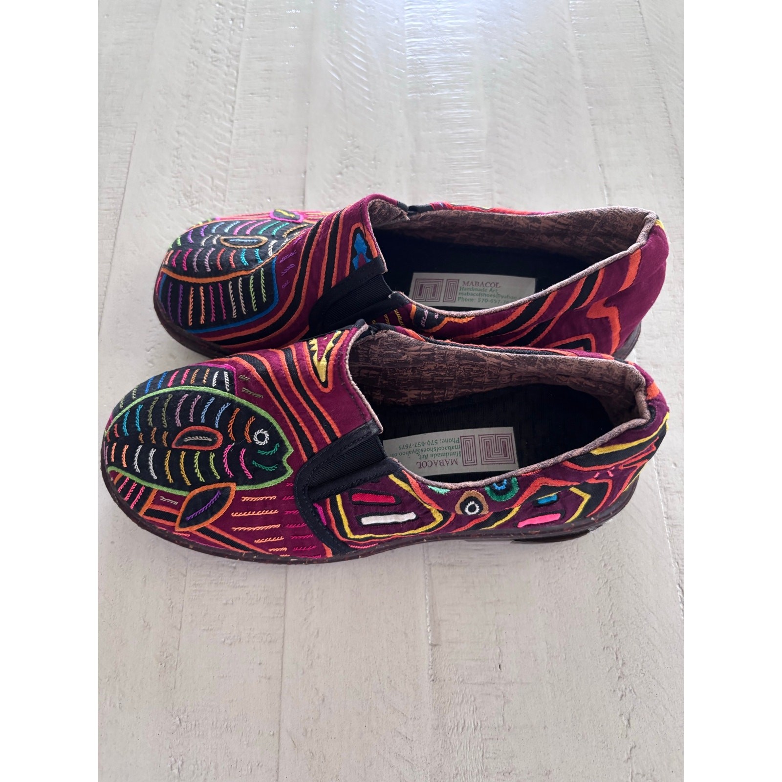 Mabacol NWOT Artisan Handmade Embroidered Fish Slip on Shoes Upcycle Recycle SZ6