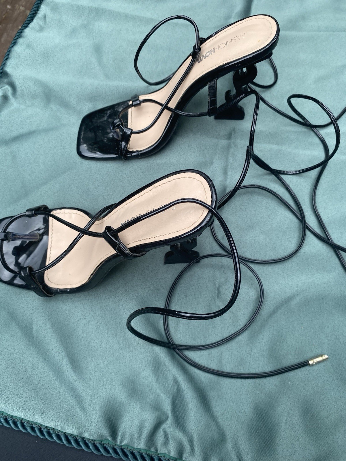 Fashion Nova Women’s Black Patent Leather Strappy Lace-Up Square Toe Heels 7