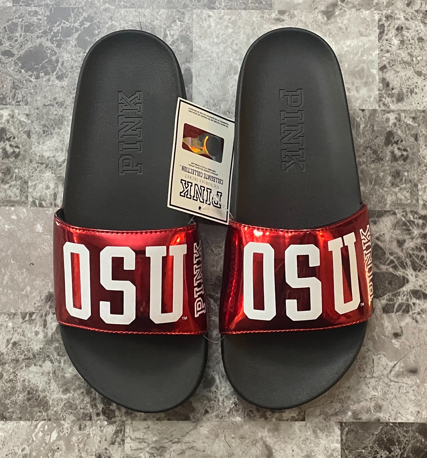 NWT VICTORIA’S SECRET PINK M L RED WHITE OHIO STATE OSU SLIDES SLIP ON SANDALS