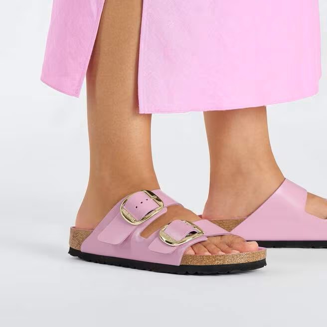 BIRKENSTOCK ARIZONA BIG BUCKLE HIGH SHINE FONDANT PINK MEDIUM/NARROW WIDTH LEATH