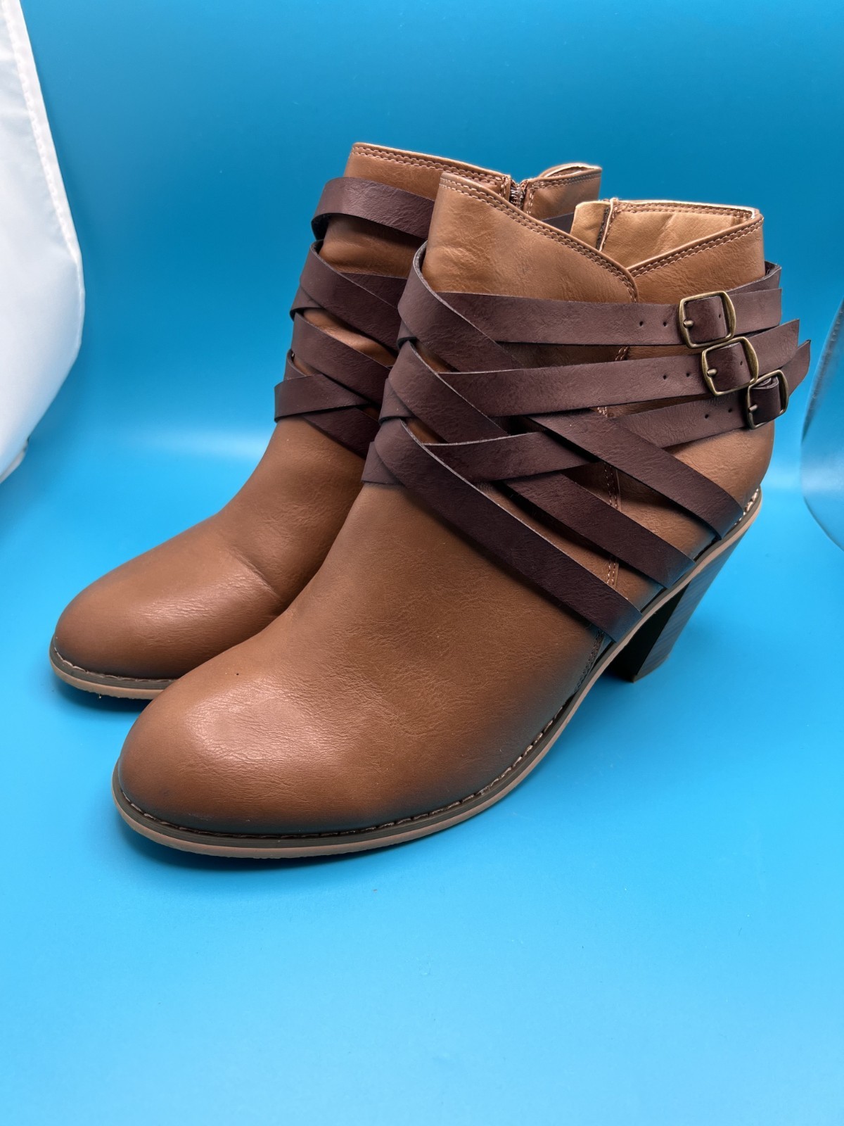 Journee Collection Women’s Strap Ankle Booties Brown Faux Leather Sz 12 Medium