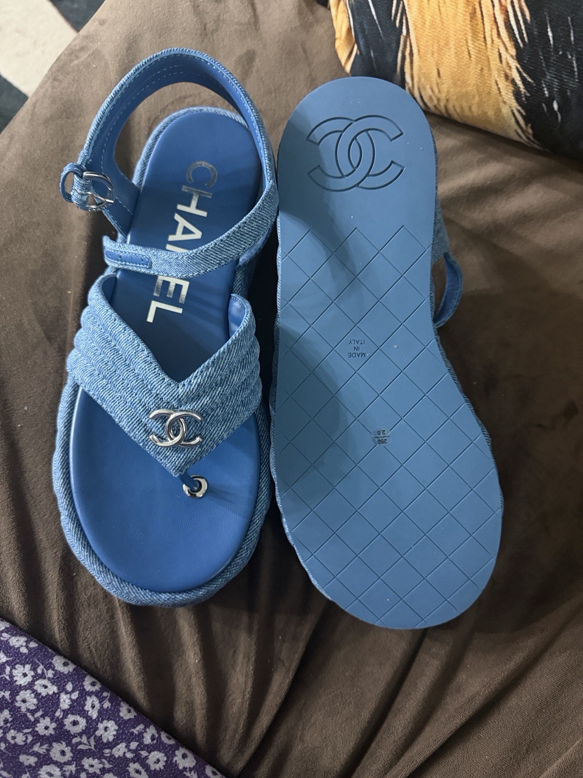 CHANEL Women’s Blue denim Slingback Sandals Ankle Strap Buckle US 10
