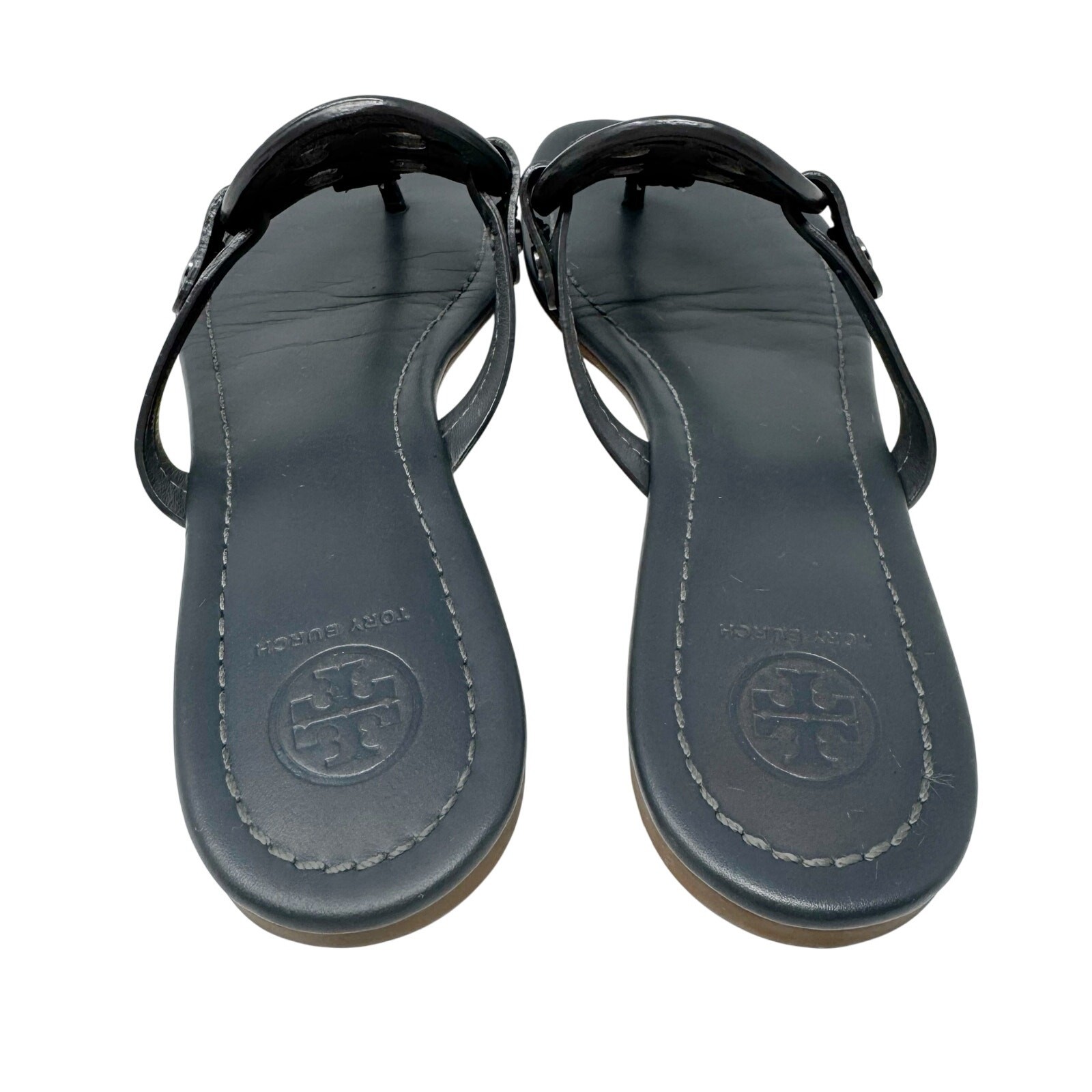 TORY BURCH Gray Grey Patent Leather Miller Classic Designer Logo Sandals Sz 8.5