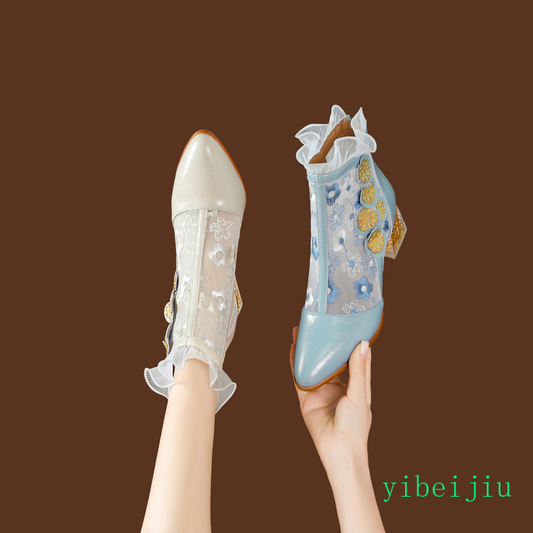 Women Embroidery Ankle Boot Chunky Heel Real Leather Shoes Elegant Spring Summer