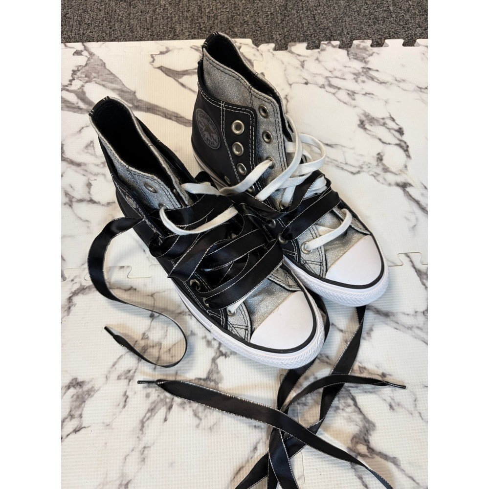 Converse All Star Black Silver Shine High Top Sneaker Satin Ribbon Laces Alt Y2K
