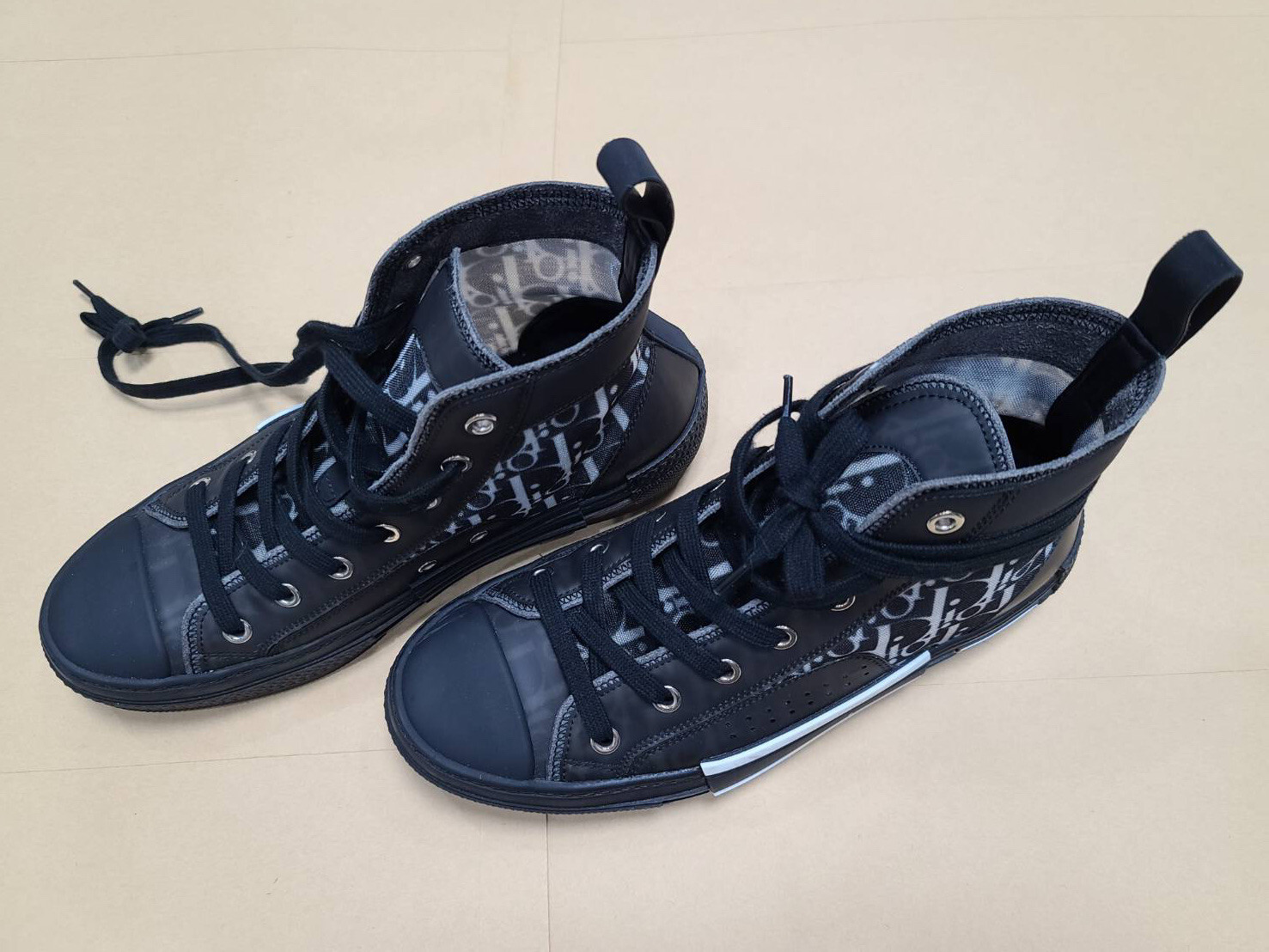 Authentic DIOR B23 Oblique Canvas Black Calfskin High Top Sneakers Shoes sz 38