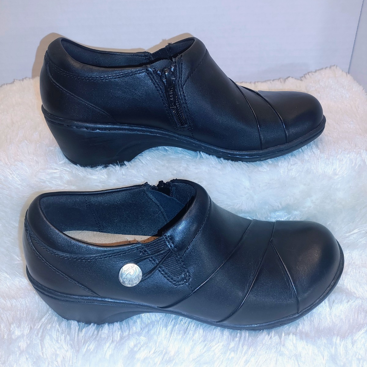 Clarks Collection Cushion Soft Black Leather Slip-On Wedge Comfort Women’s 5.5M