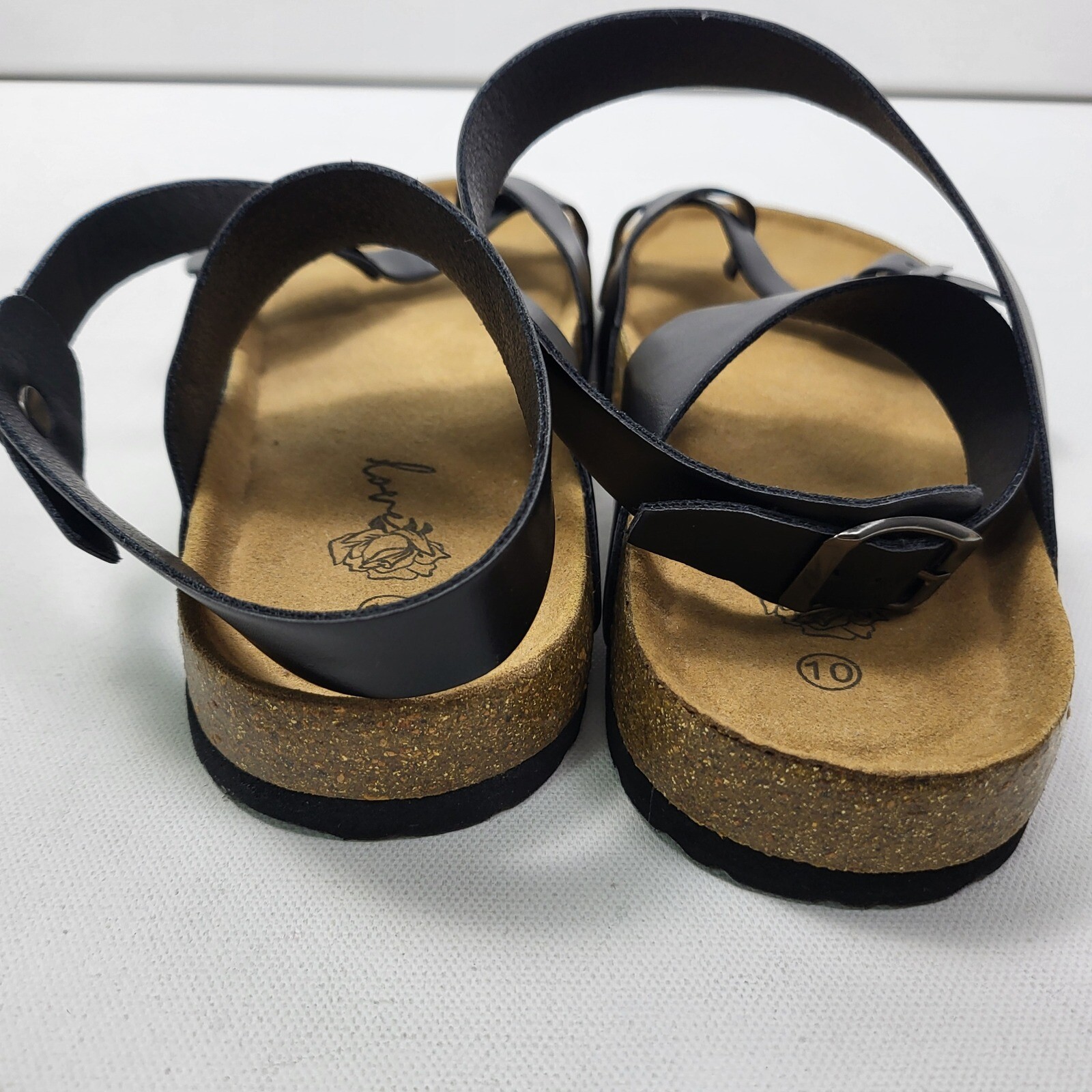 Love Rose Sandals womens size 10 black Ankle Strap Buckle soft Cork Footbed Shoe