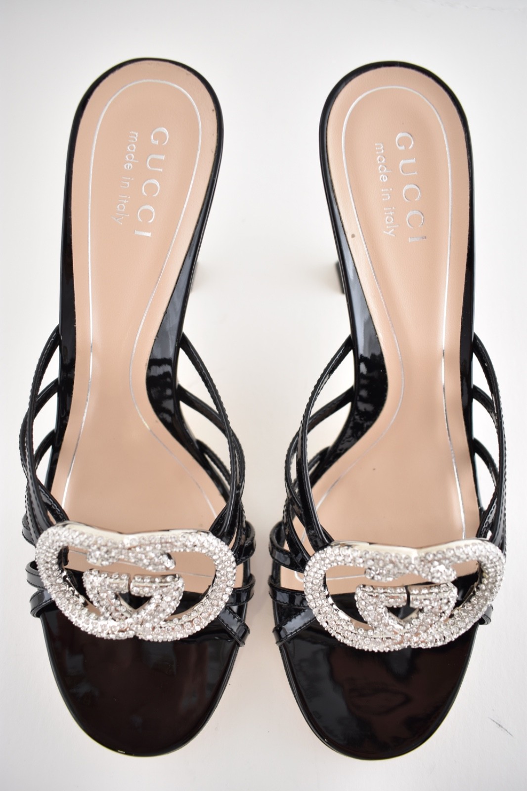 Gucci Interlocking G 85mm Black Patent Crystal GG Logo Heel Mule Sandal 41