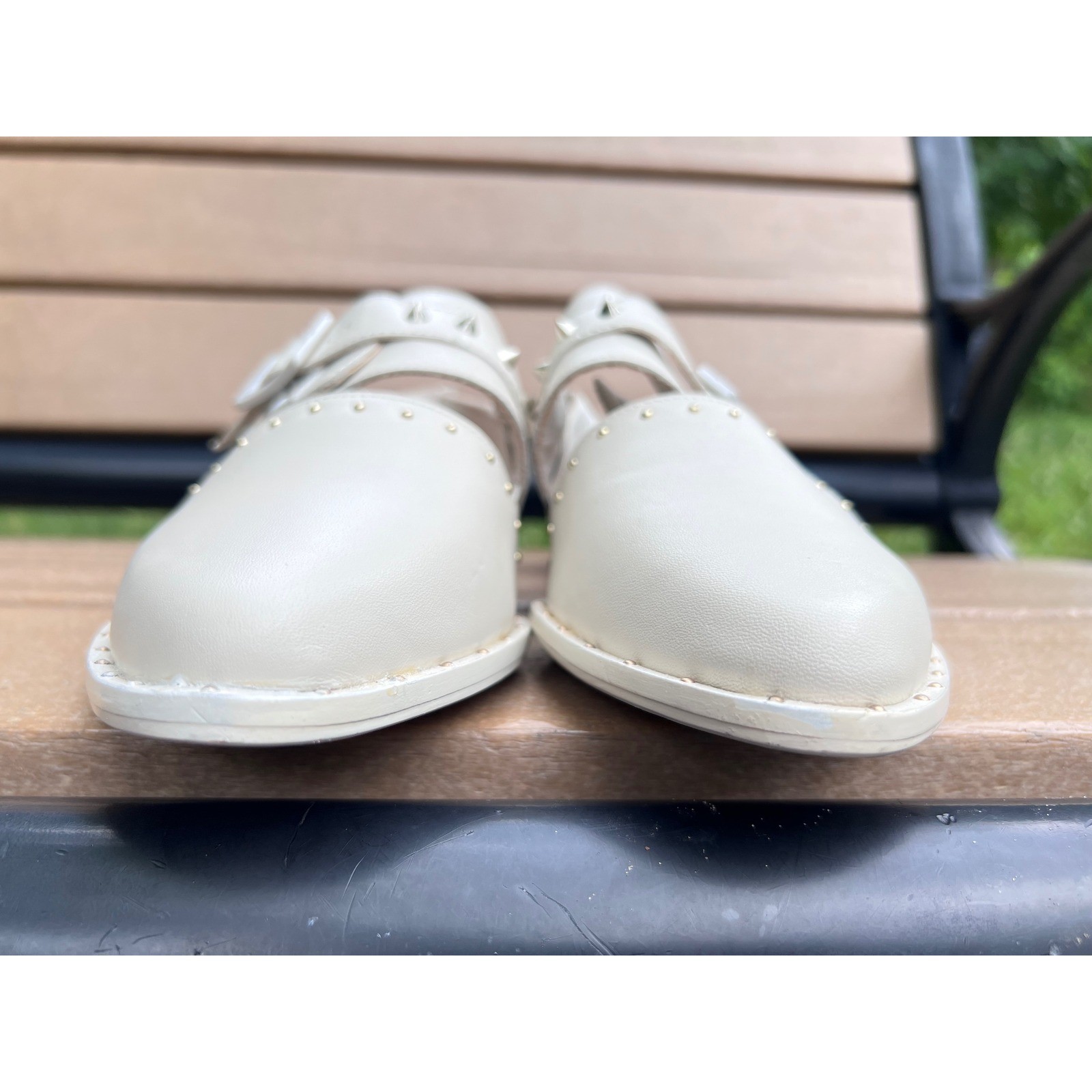 KELSI DAGGER Brooklyn Alex Studded Leather Slingback Low Wedge Flats Ivory 9 NWT