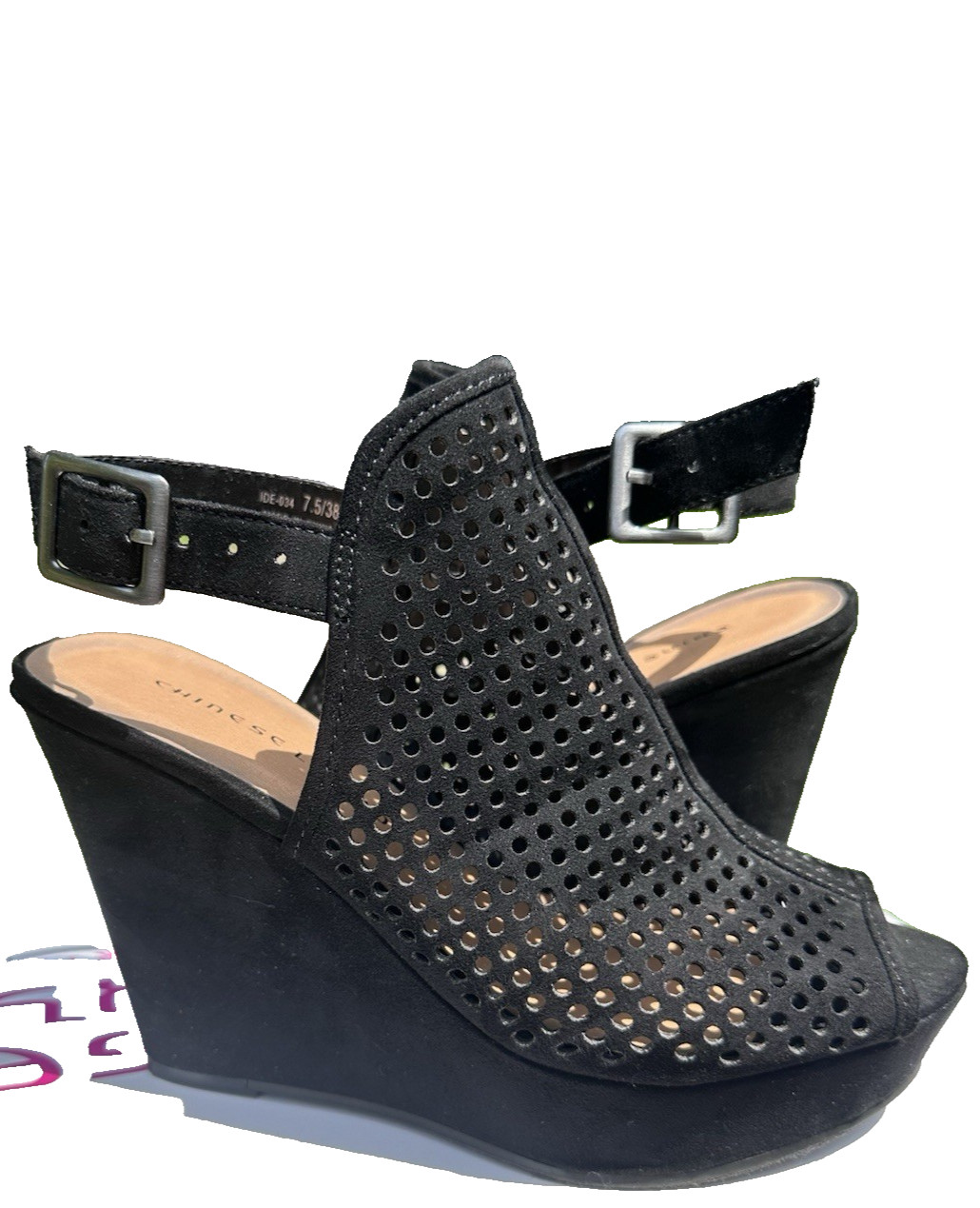 Chinese Laundry Z‑Iris Black Micro Suede Wedge Heels Size 7.5 Worn Once With Box