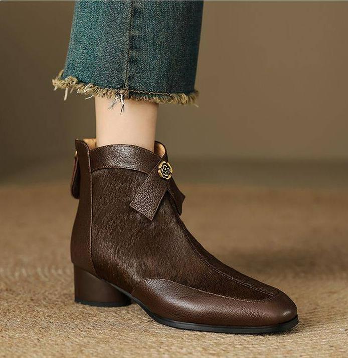 Women Winter Pointed Toe Block Heel Ankle Boot Fluff Leather Chelsea Short Boot