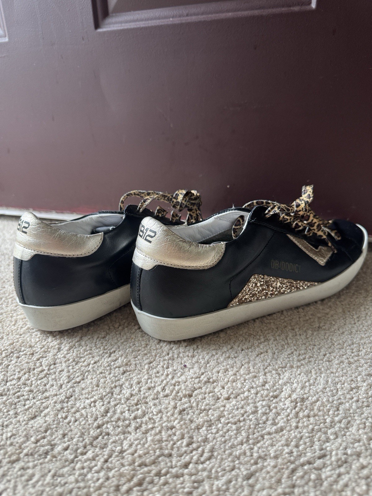 Quattrobarraadodici QB12 Black Low Top Sneaker Gold Animal Print Lace-Up