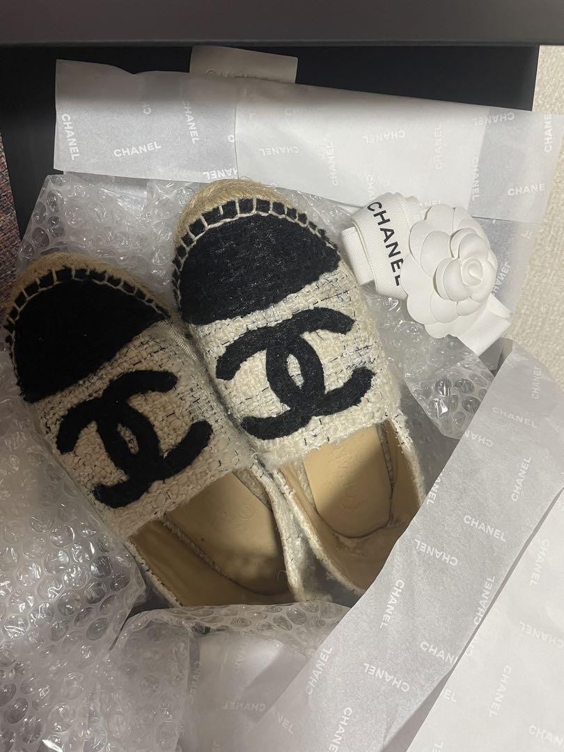 CHANEL Tweed Canvas Espadrilles Slip-On White With Coco Mark Logo Spain Used