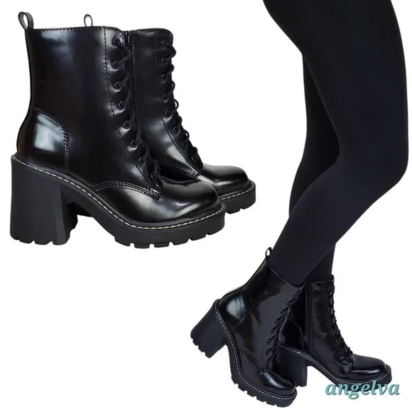 Madden girl Lion block heel platform boots black lace up zip chunky y2k gothic
