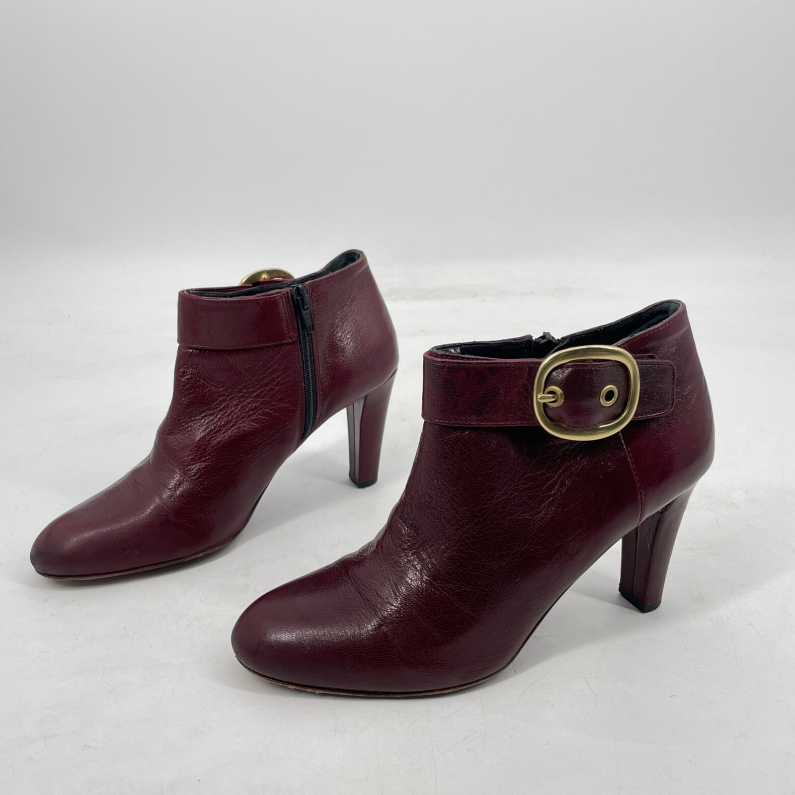 Coach Womens 7.5 B Burgundy kid Leather Nicolete Gold Buckle 3.25″ Heel Bootie