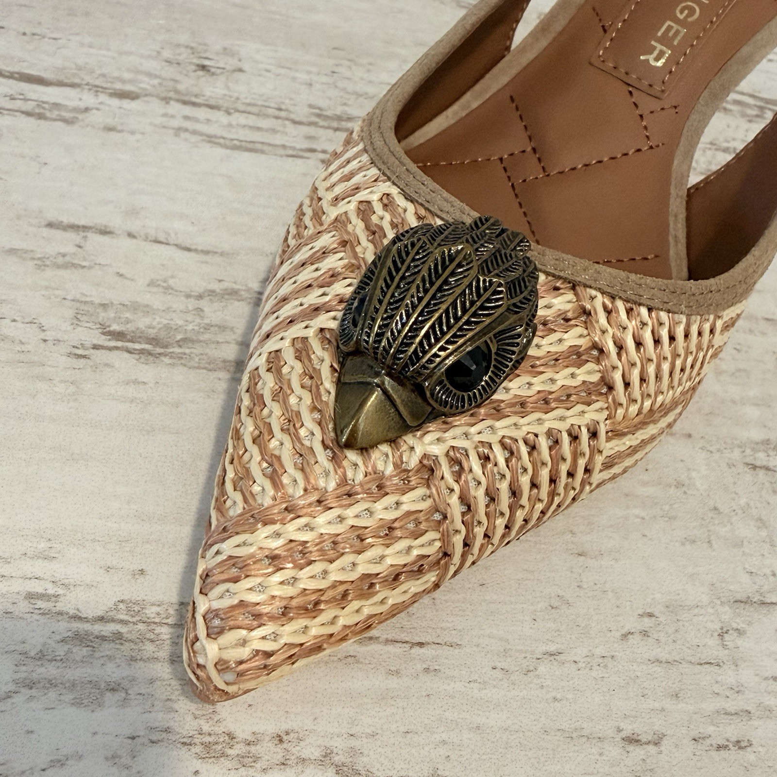 Kurt Geiger London Belgravia Slingback Raffia Woven Heels Beige Combo Size 36 EU