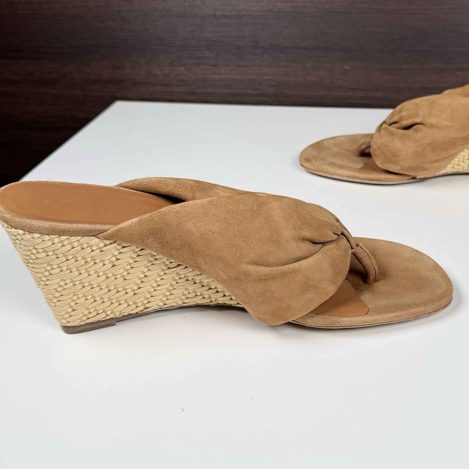 STAUD Dahlia Suede Knot Sandals Wedge Heel Tan Portugal Women’s size 9 / EU 39