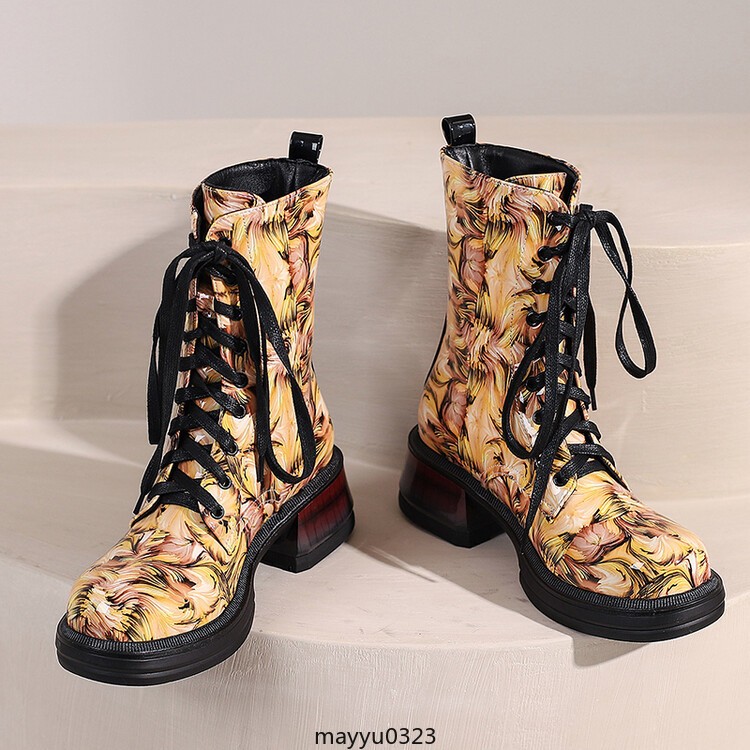 Women’s Mid Cuban Heel Ankle Boots Knight Printed Casual Lace Up Winter Shoes