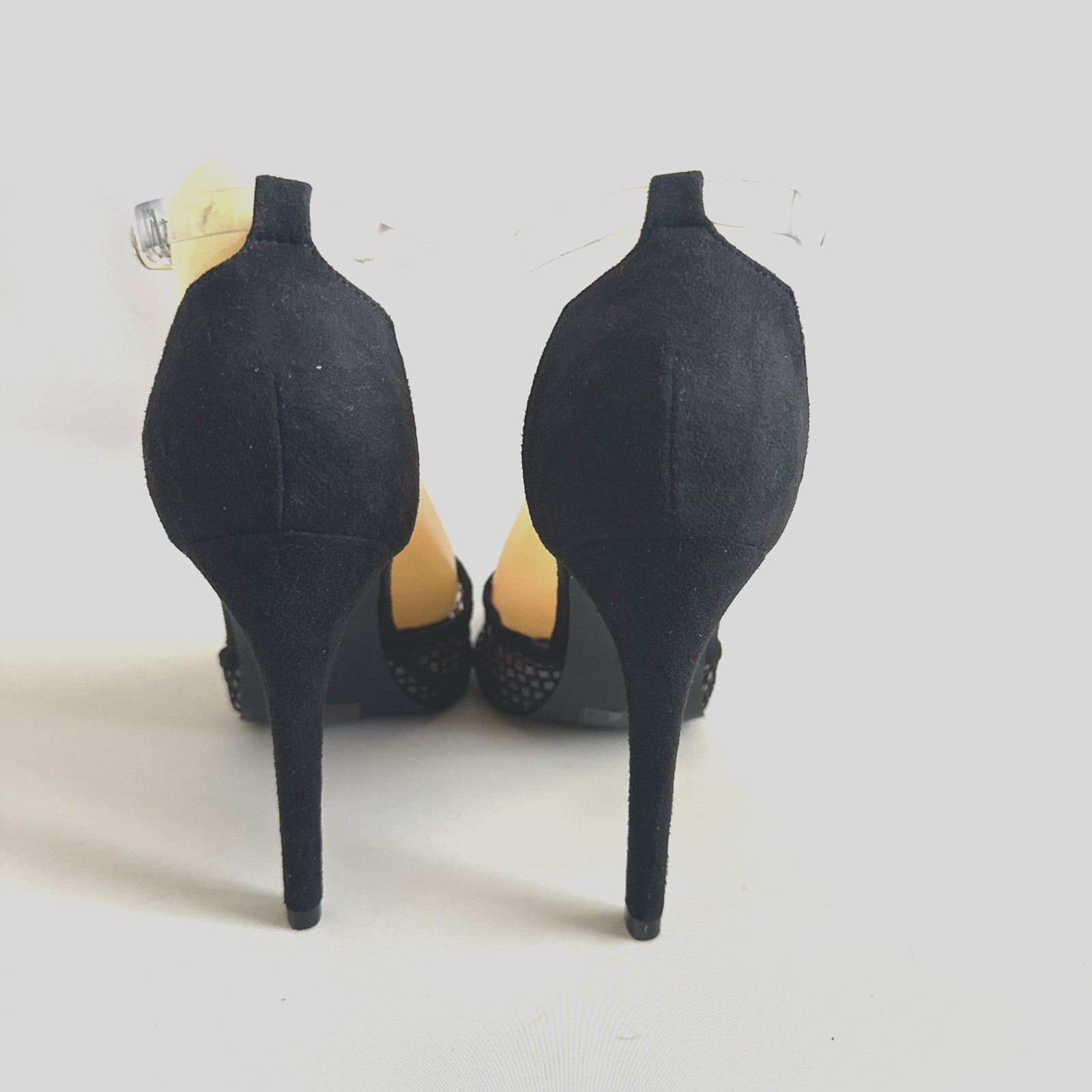 Boohoo Women Black Heel Size 6 Fishnet Pointed Toe Faux Suede Clear Plastic Shoe