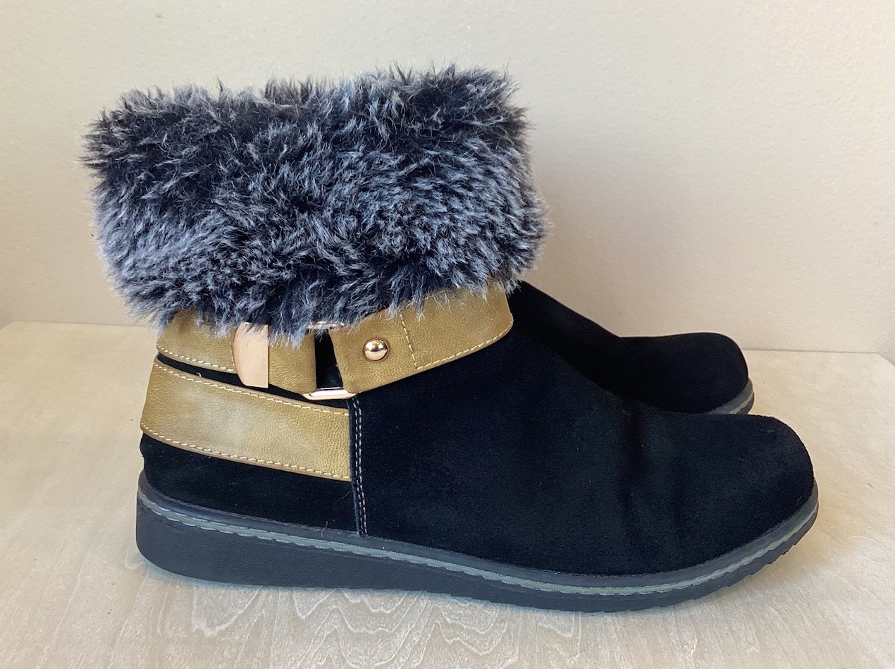 Spring Step Winter Boots Women’s Popsicle Black Suede Faux Fur Tan Strap Size 41