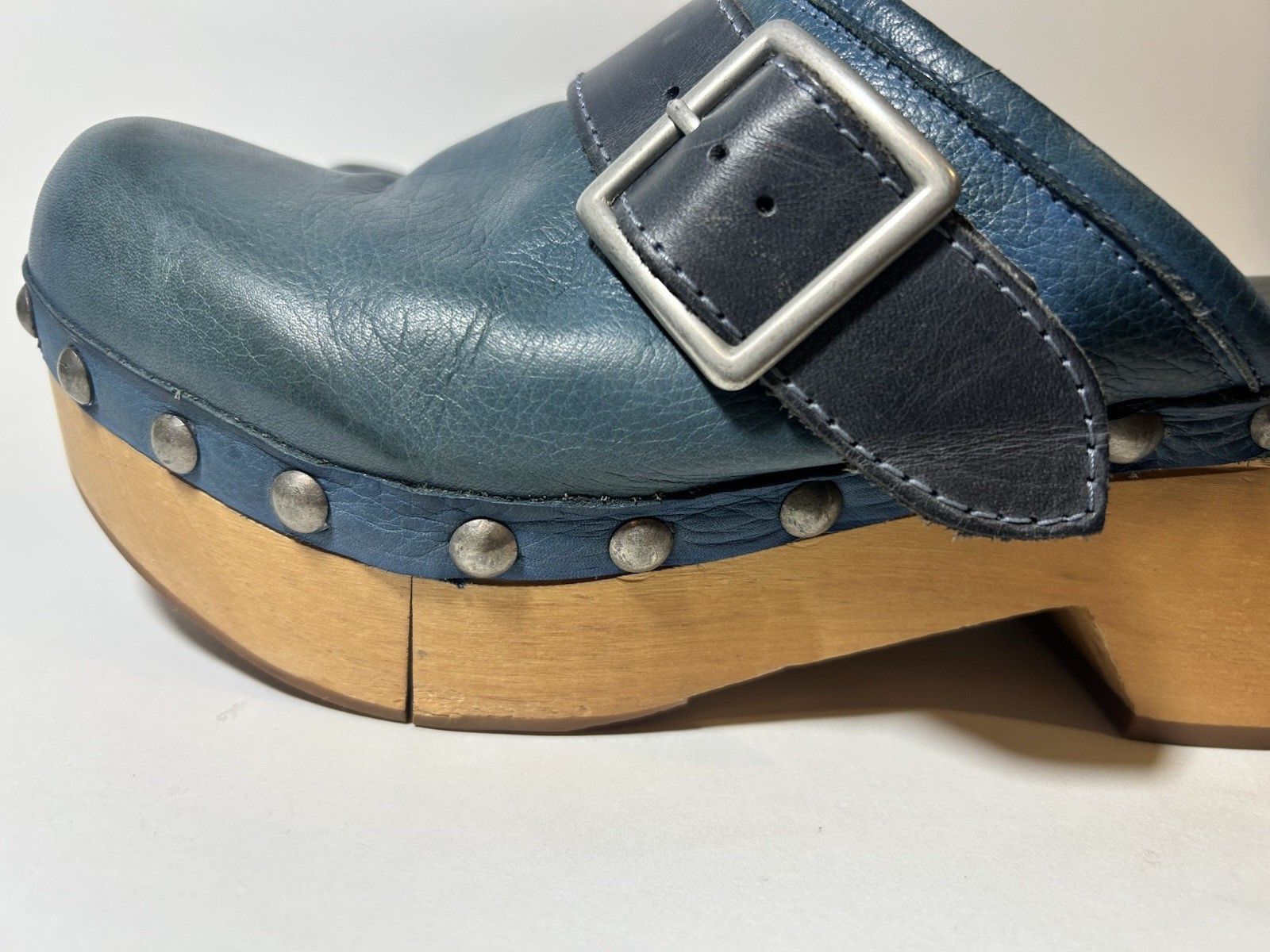 Free People Culver City Clogs Teal Blue Leather Wood Platform Buckle Studded 9