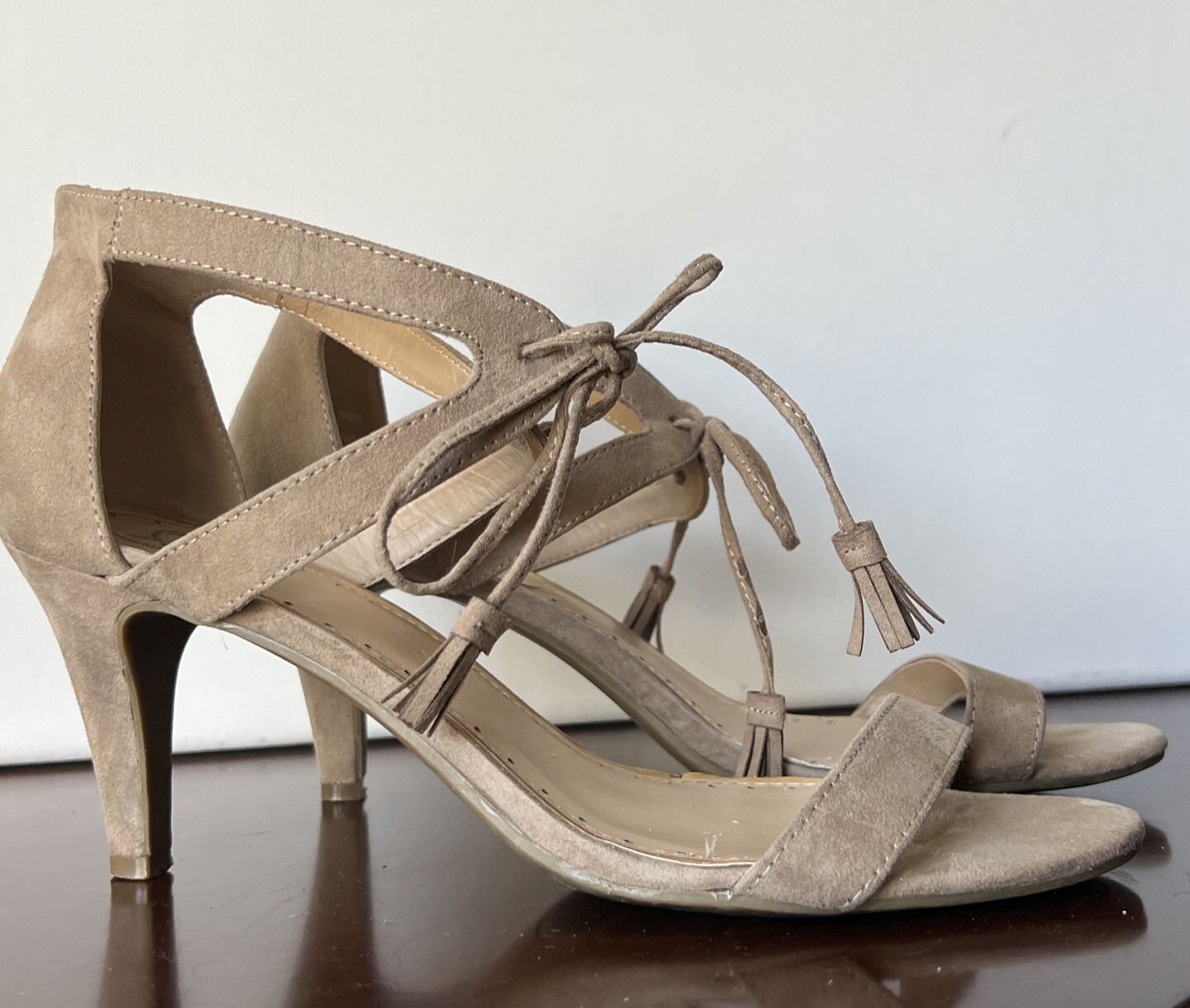 Madeline Women’s Beige Faux Suede Strappy Tie Heels 9.5