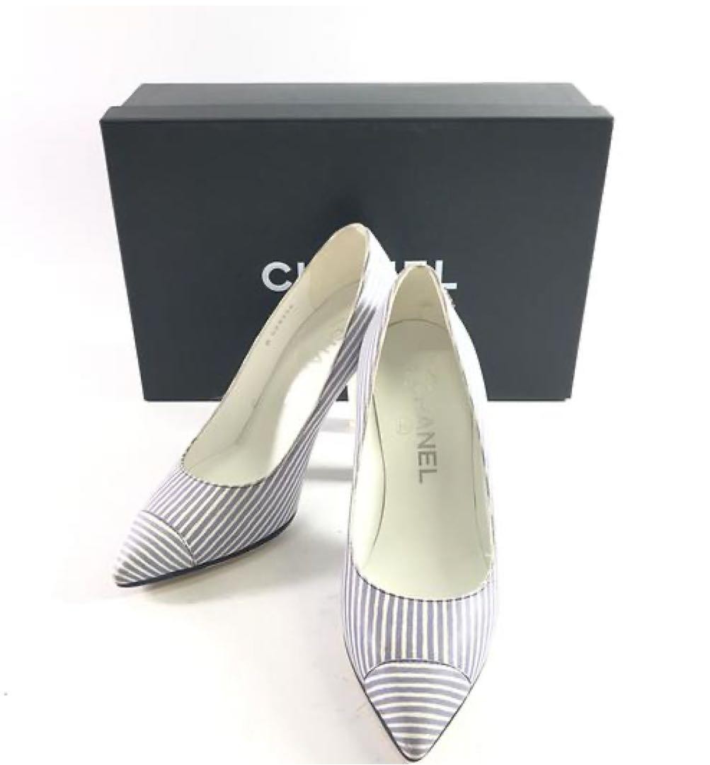 CHANEL Striped High Heel Pumps 34.5 22.5cm 8.9in Pointed Toe
