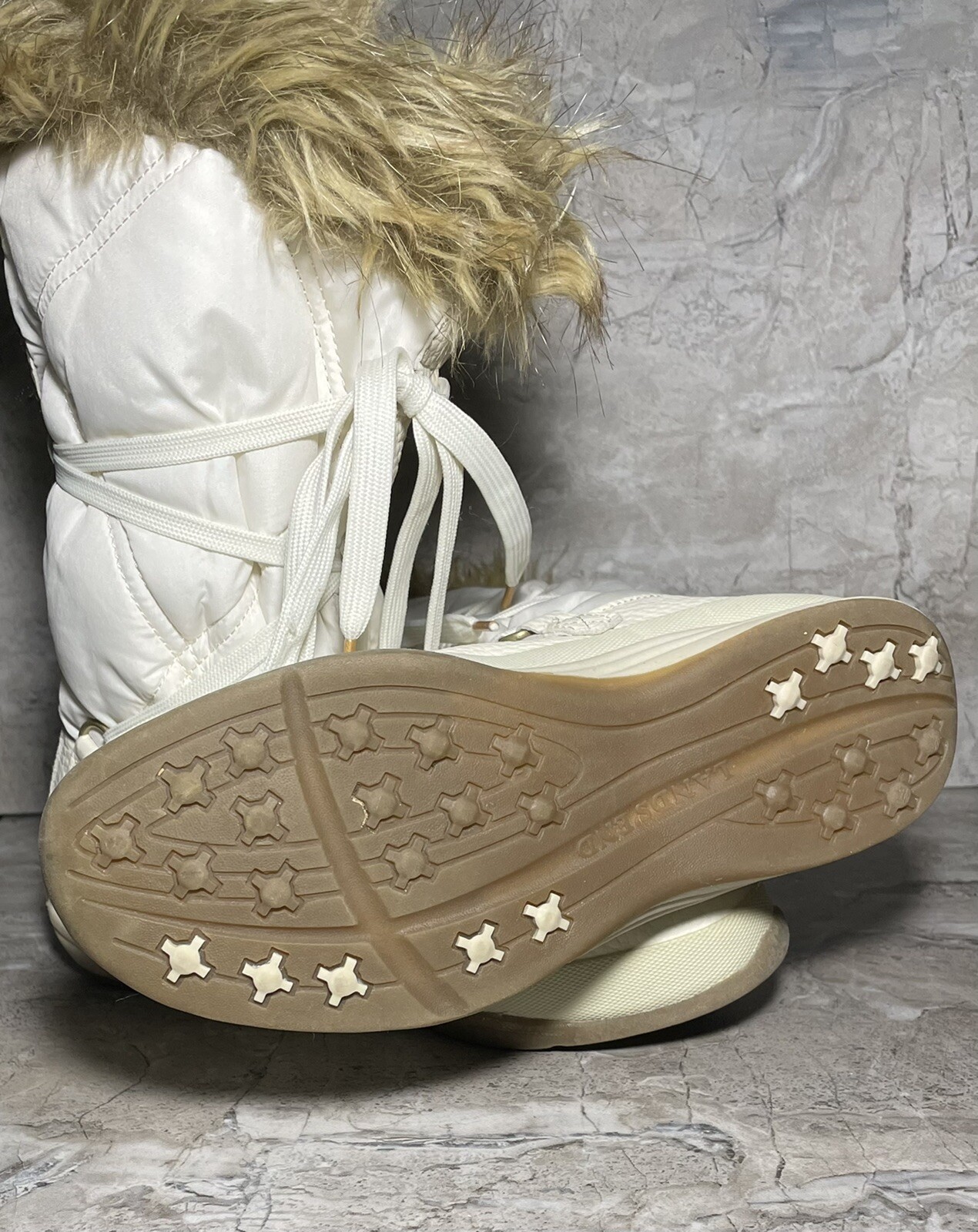 LANDS END Women 6B 384417 White Cream Faux Fur Trim Boots Leather Fabric Slip On