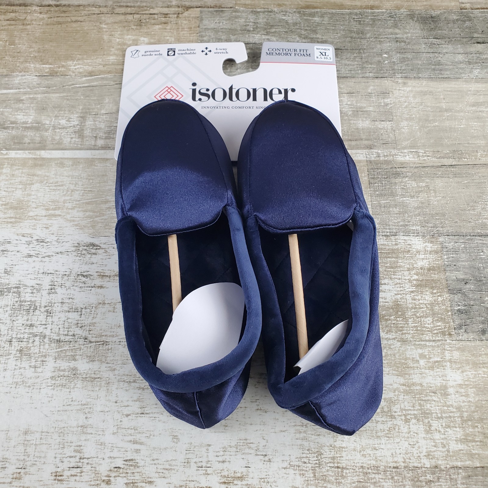 Isotoner Ivy Womens Moccasin Slippers Sz 9.5 – 10.5 Navy Spandex Velour Stretch