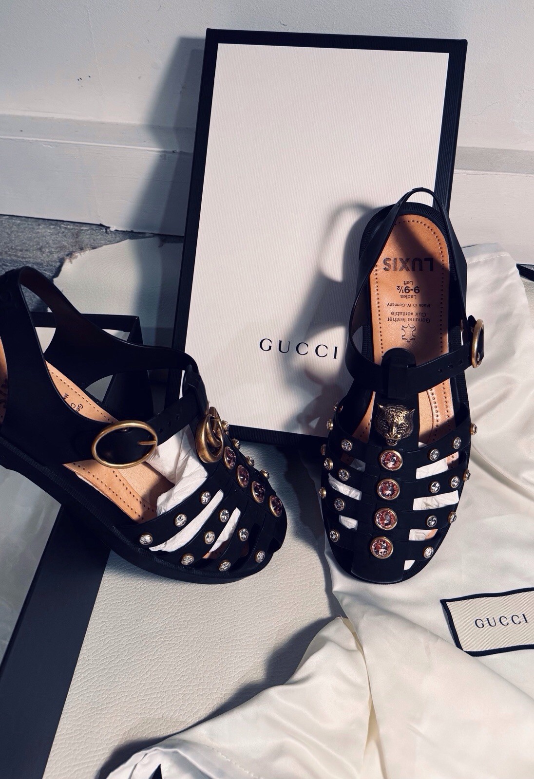 Gucci Marmont Crystals Bezel Cage Fisherman GG Feline Head Rubber Sandals 39 Bag