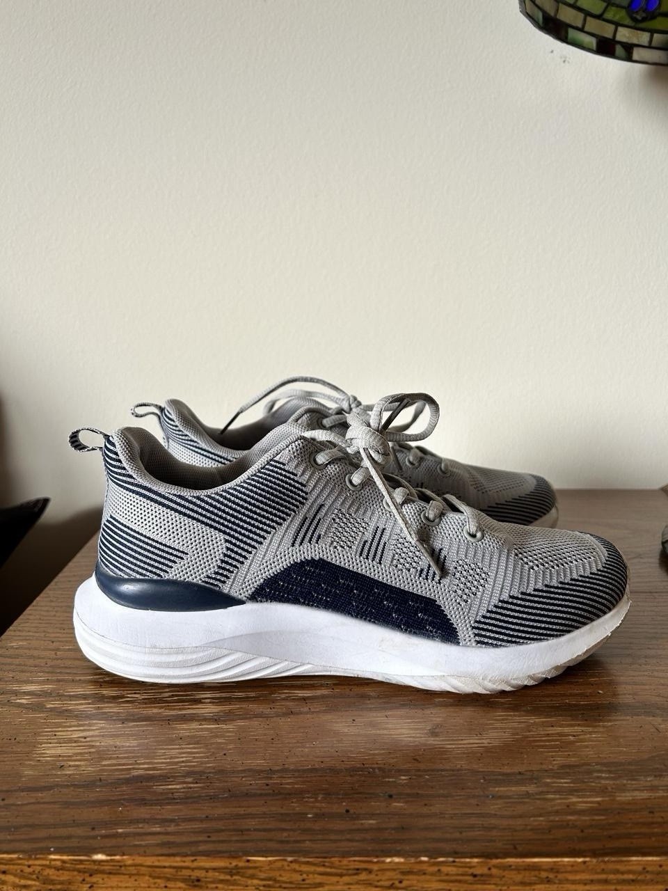 Lifestyle striped sneakers in grey & blue. Cute for walking, casual, gym 8.5