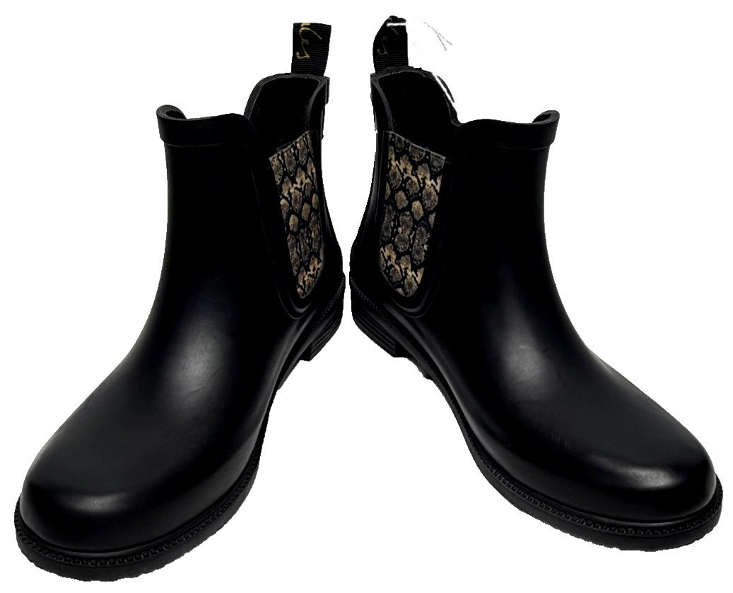 Joules Rutland rubber ankle rain Boots in black with a snakeskin pattern size 6