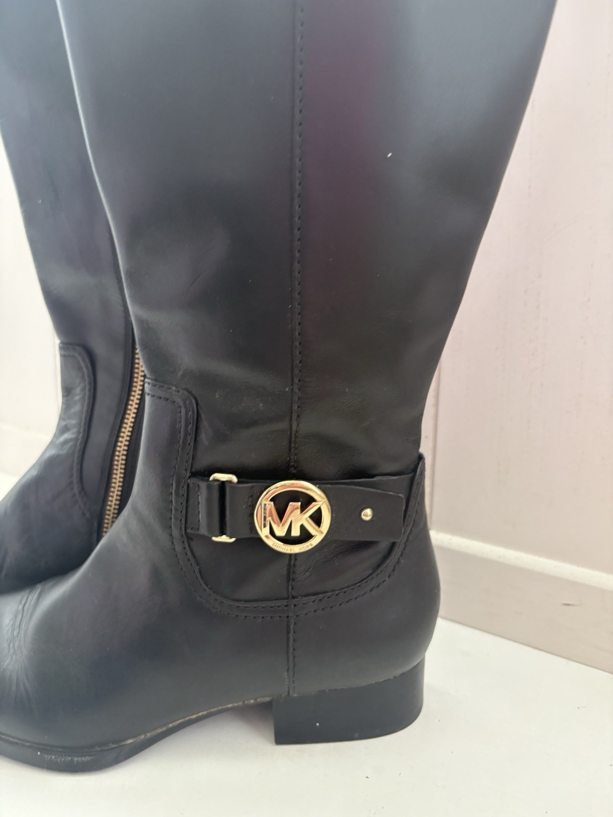 MICHAEL KORS Black Leather Gold Logo Side Zipper Tall Boots Size 7