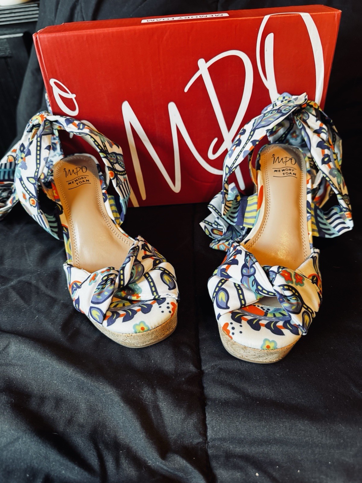 IMPO Memory Foam Wedge Sandals Size 6.5 Floral Scarf Tie Platform Boho