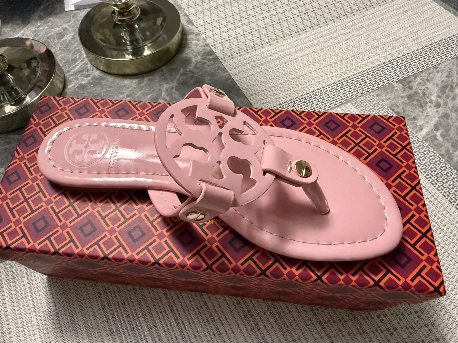Tory Burch Women’s Miller Patent Leather Sandals – Light Pink/Blush – Size (7.5)