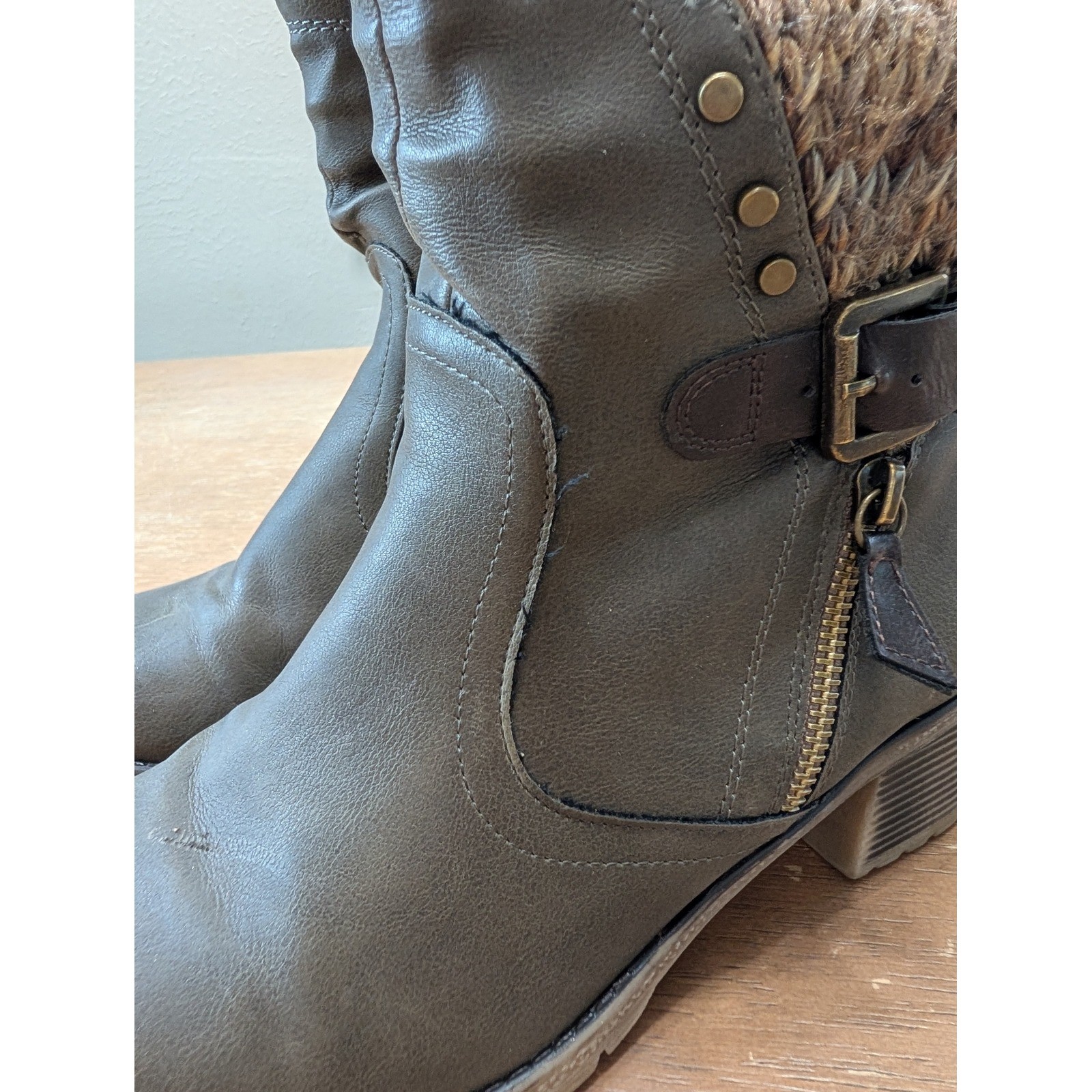 spring Step Womens Faux Leather Ankle Boots Knit Sweater Cuff Block Heel 39