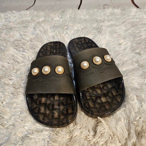 Karl Lagerfeld Paris Black Pearl Embellished Slides Sandals Womens