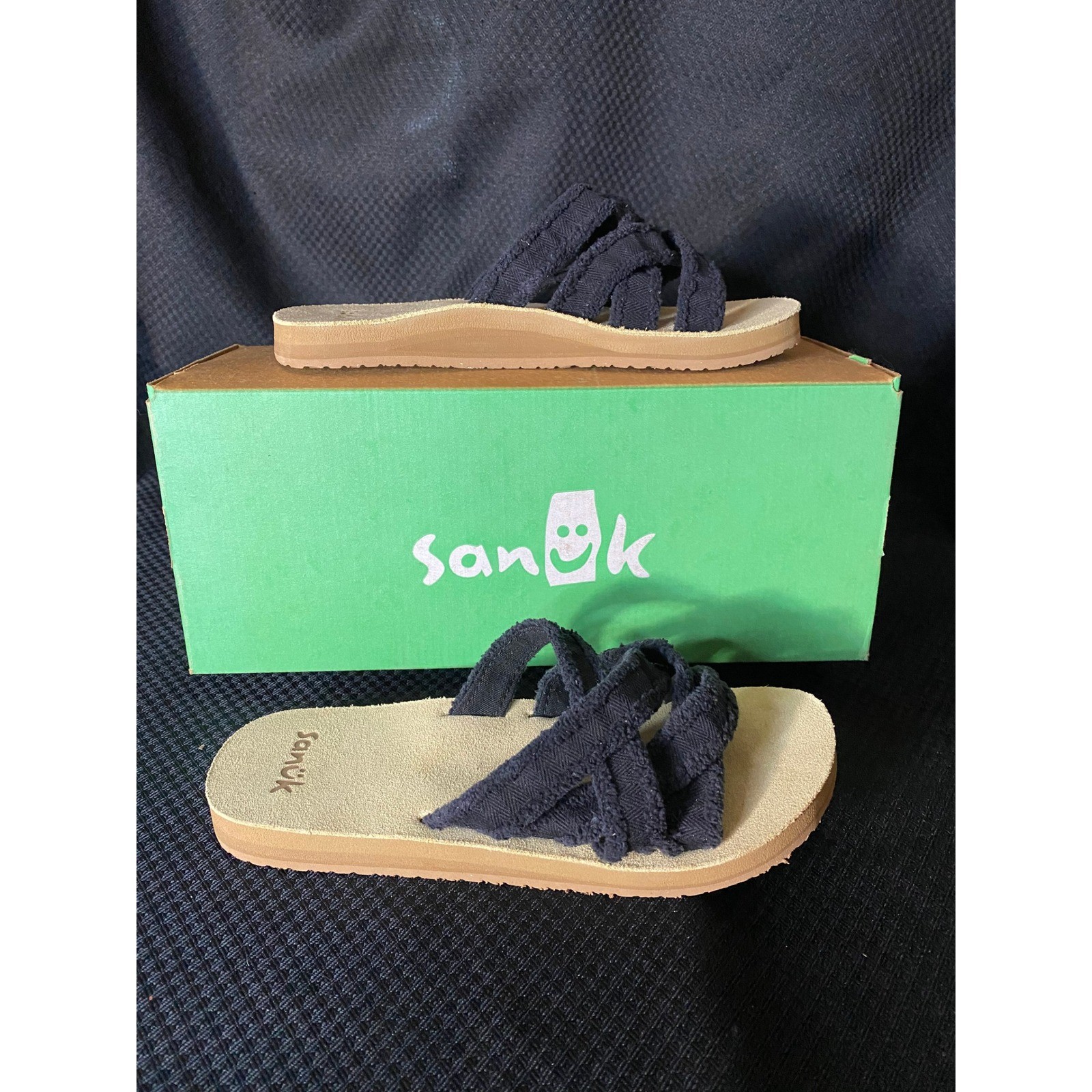 Sanuk W Fraidy Slide Black Frayed Fabric Sandals Women’s Size 7 NEW