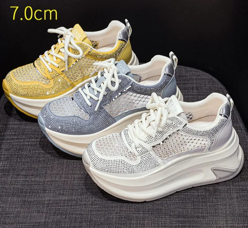 7cm Air Mesh Microfiber Leather Chunky Sneaker Shoes Women Platform Wedge Comfy
