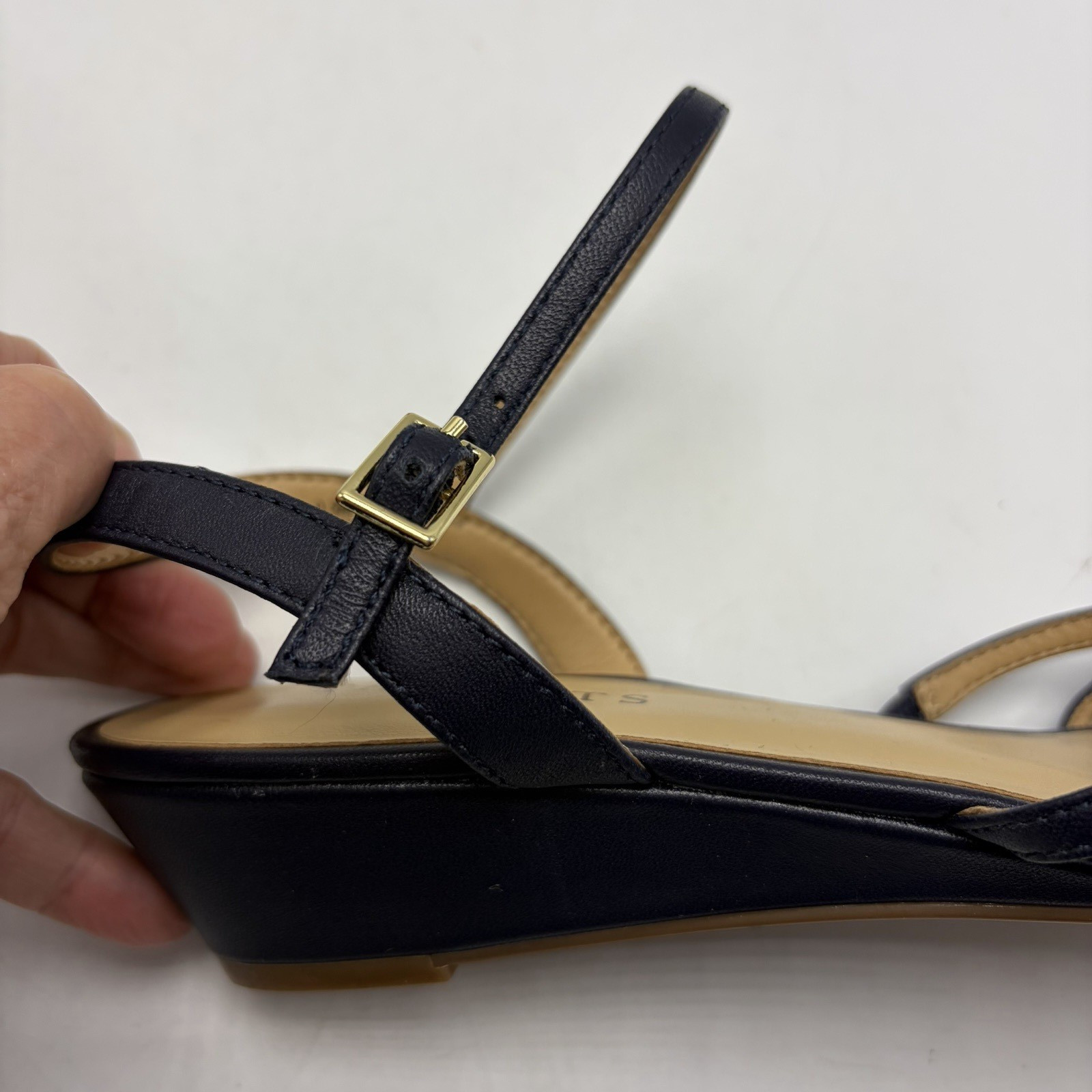 Talbots Capri Sandals 9.5 M Blue Leather Strappy Mini Wedge Minimalist Capsule