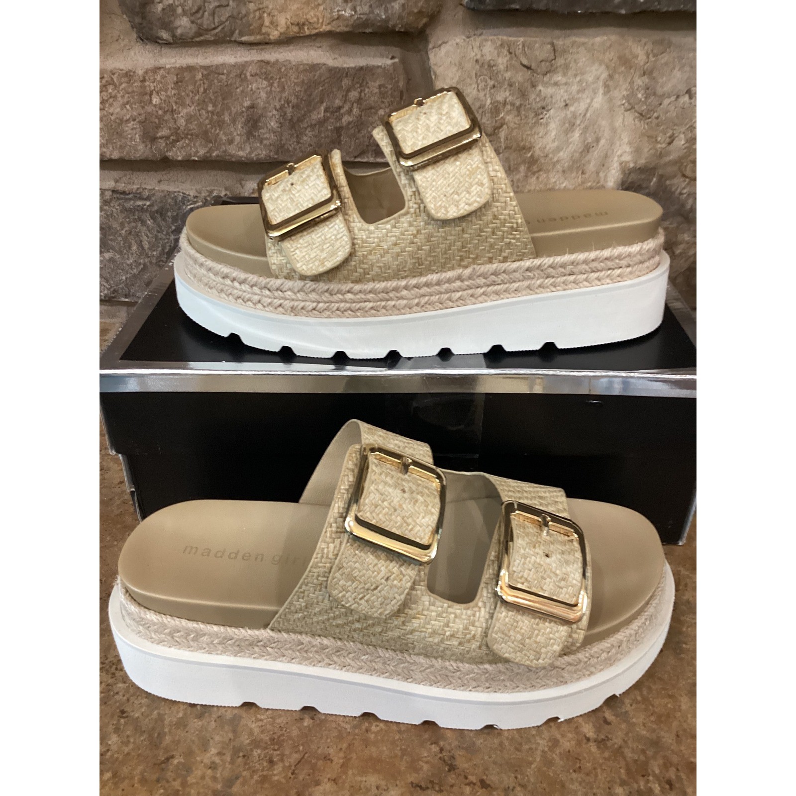 Madden Girl Mythicall Nat Raffia Platform Sandals Gold Buckle Slides Womens 7