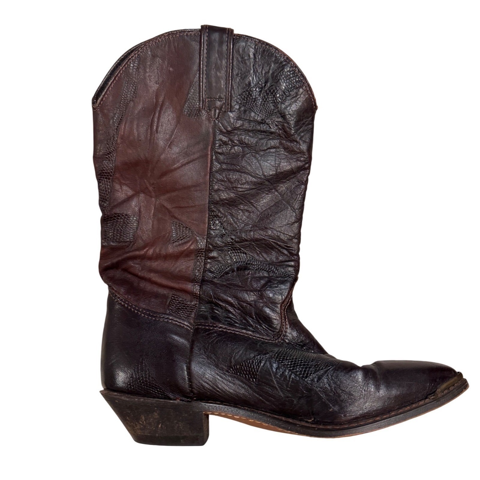 Durango Cowboy Boots Women 8 Dark Brown Good Leather Metal Toe Patchwork Shaft