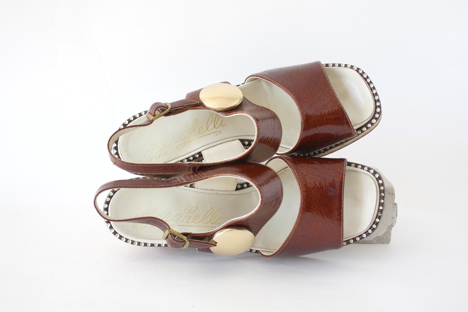 1960s Brown Open Toe Shoes with Gold Accents Block Heel and Cork Sole