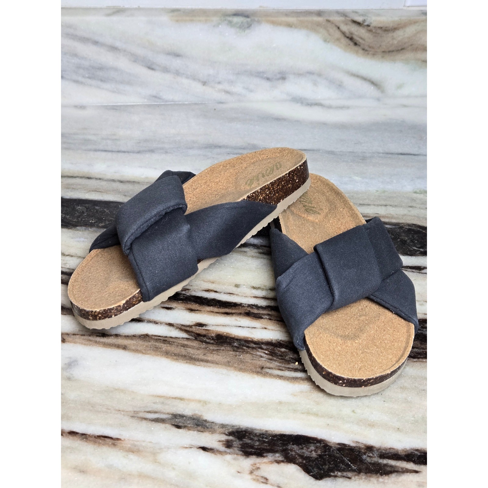 Aerie Knotted Slide Sandals Charcoal Gray Cork Footbed Flat Slip On Shoes