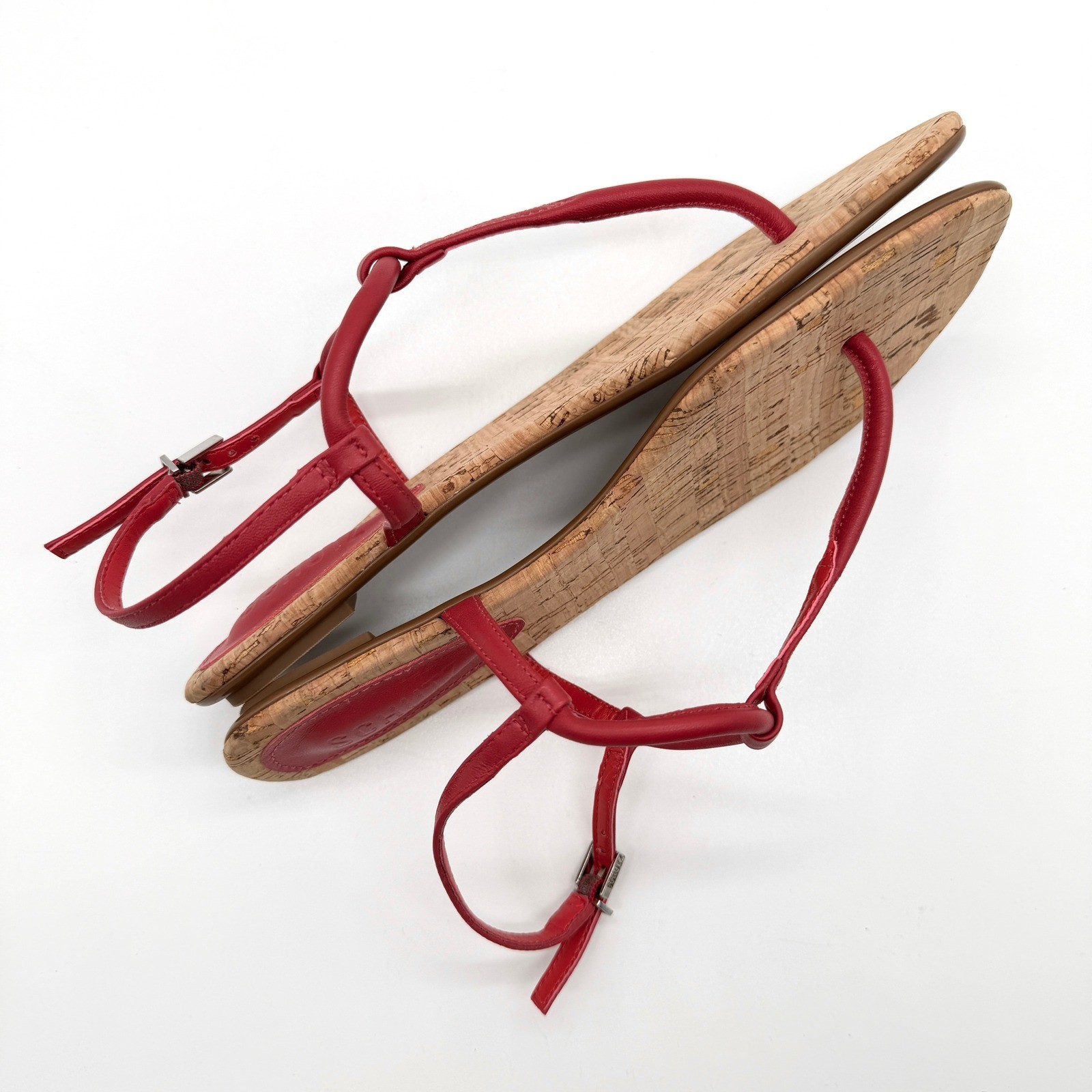 SCHUTZ Elsha Sandals Womens 7B Red Cork Strappy Flat Thong Buckle Ankle Strap