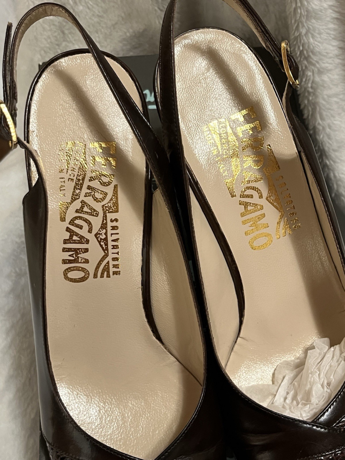Vintage Salvatore Ferragamo Slingback Brown Leather 7.5 AAA Narrow Heels Italy