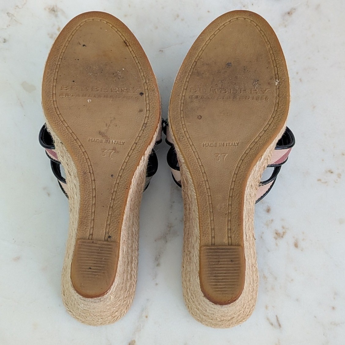 Burberry Nova Check Espadrille Wedge Sandals Black Patent Leather IT 37 3460643