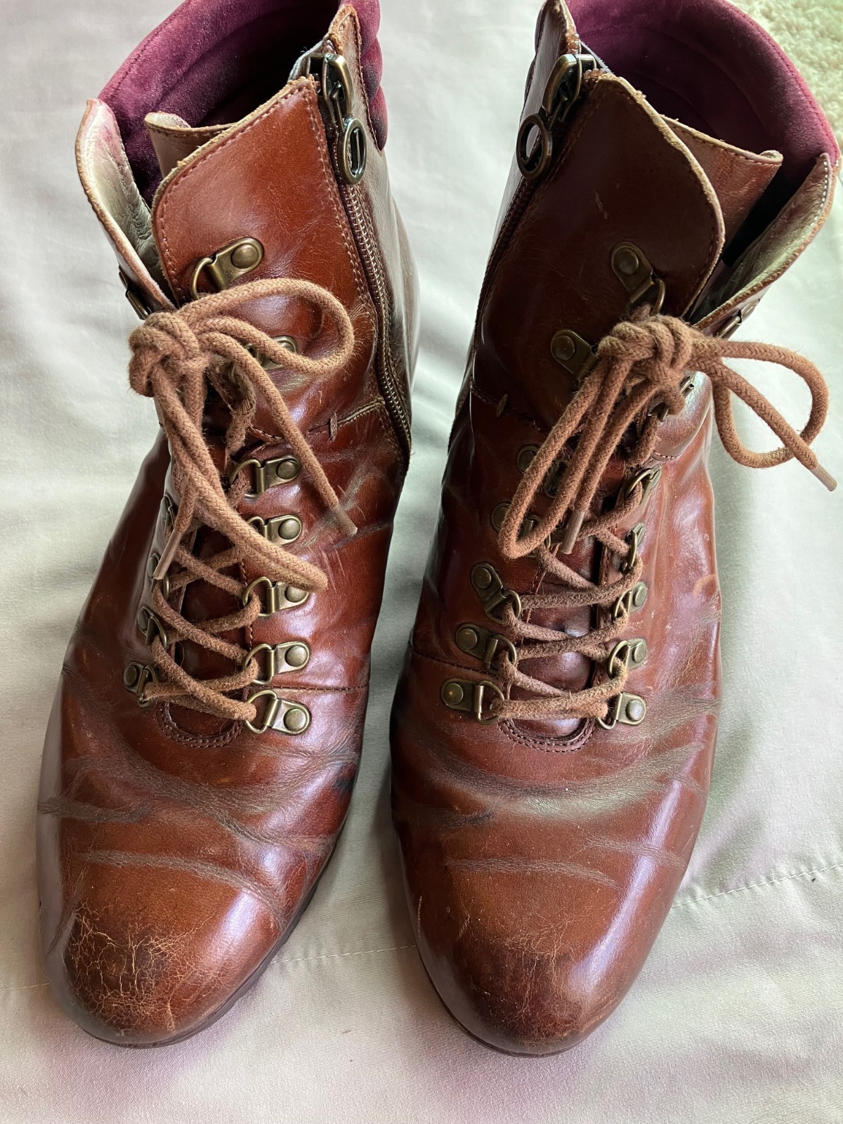 Jambu Burch Womens 10 Brown Leather Lace Up Ankle Boots Side Zip Block Heel