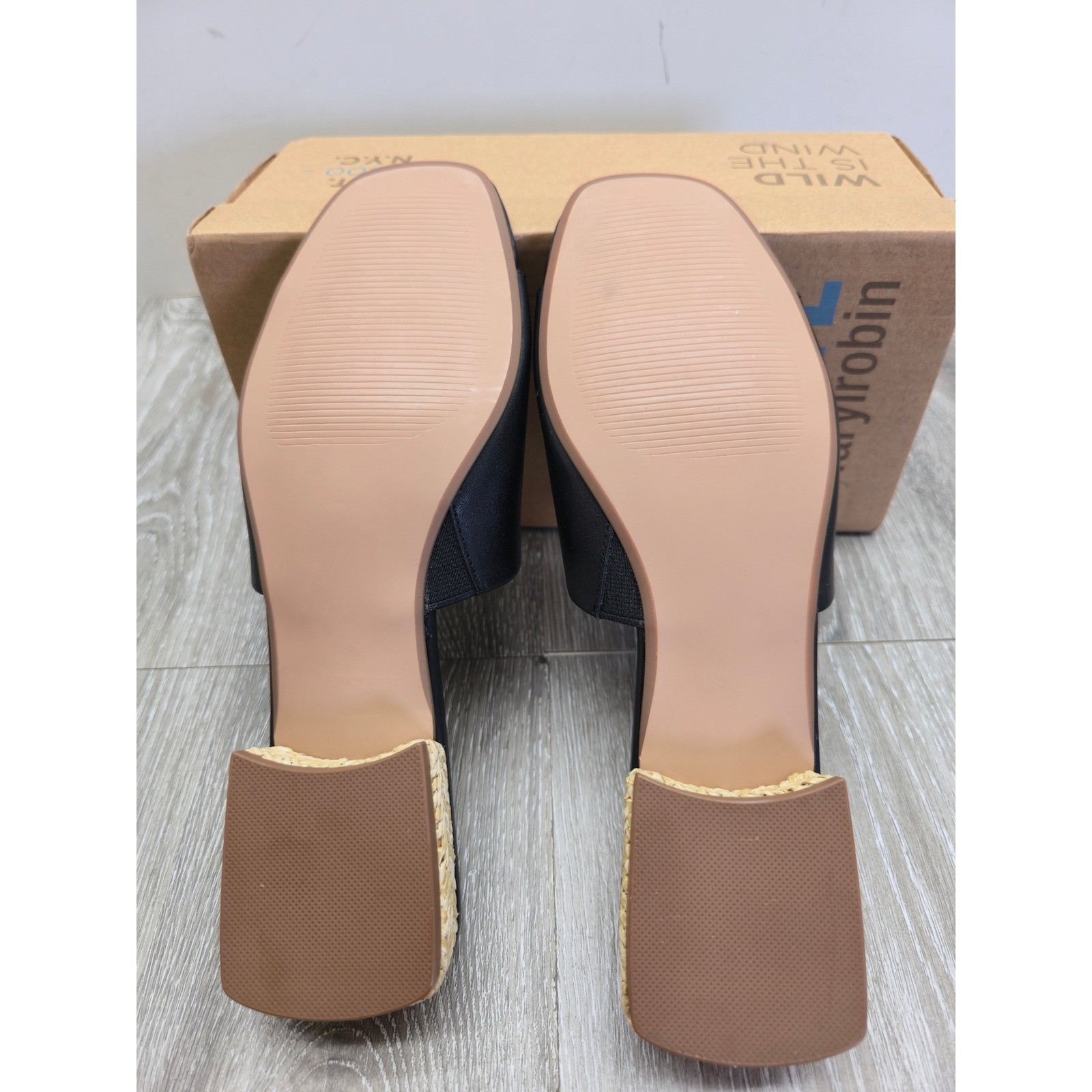 Faryl by Farylrobin Dahlia Black Leather Square Toe Raffia Block Heel Sandals 9M